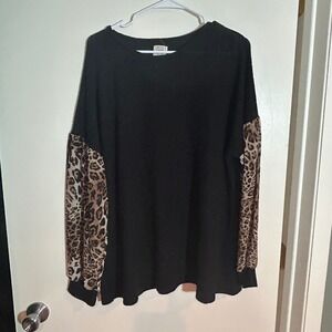 Grace & Emma Black Waffle Knit Leopard Print Sleeve Top XL Mixed Media Pullover